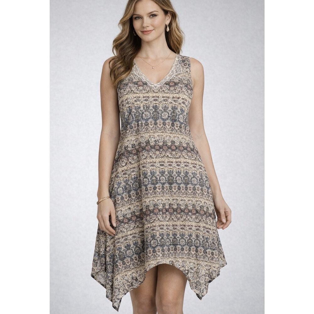 OneWorld Women’s XXL Sleeveless Printed Sharkbite Hem Dress Boho Stretch NWT